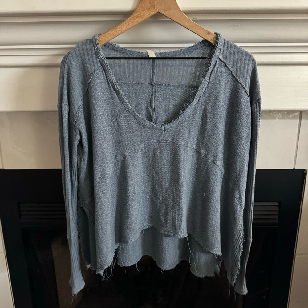 Free People Blue Waffle Knit Oversized Slouchy Top Size XS